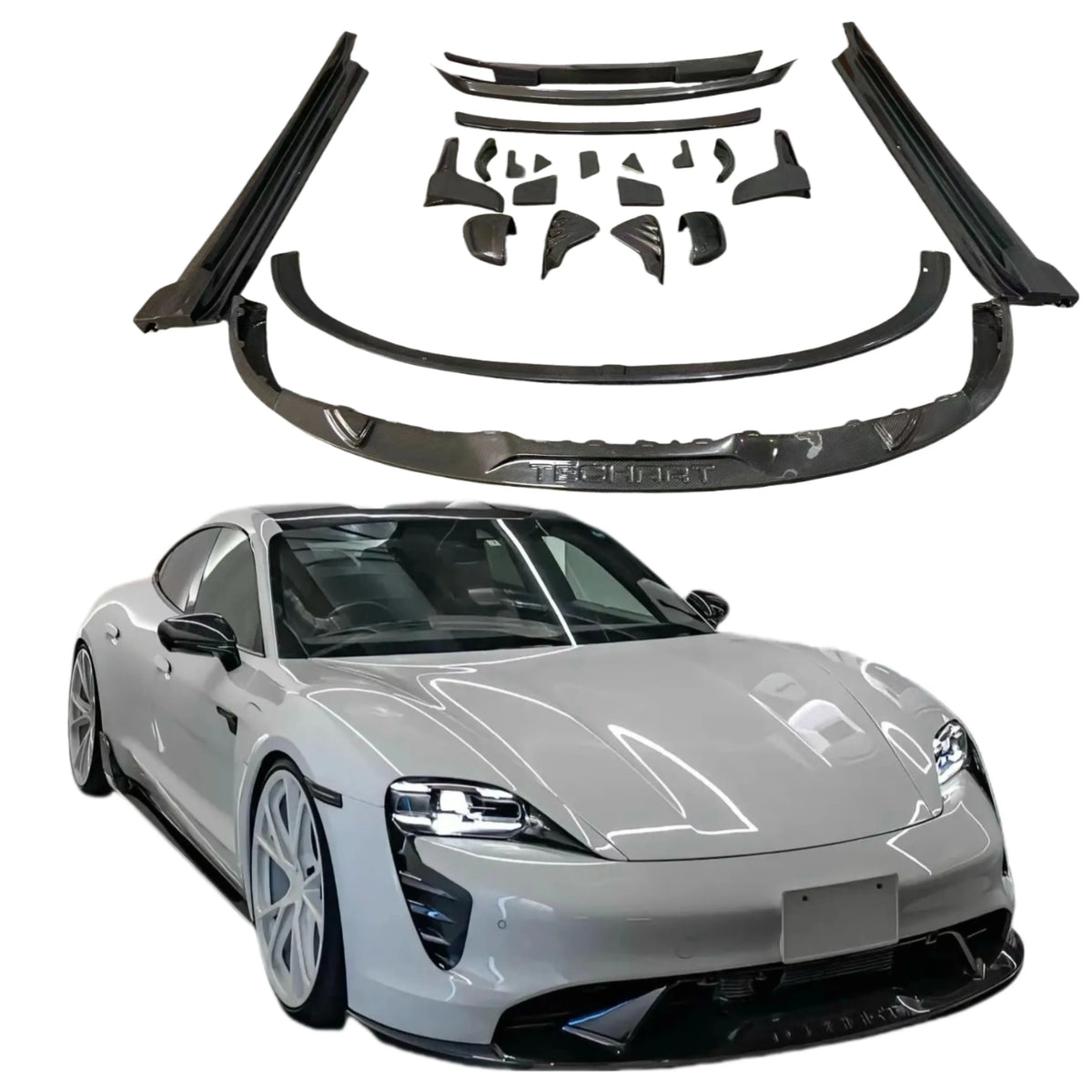Kit de carrocería en fibra de carbono para Porsche Taycan, con labio delantero, taloneras, difusor y alerón