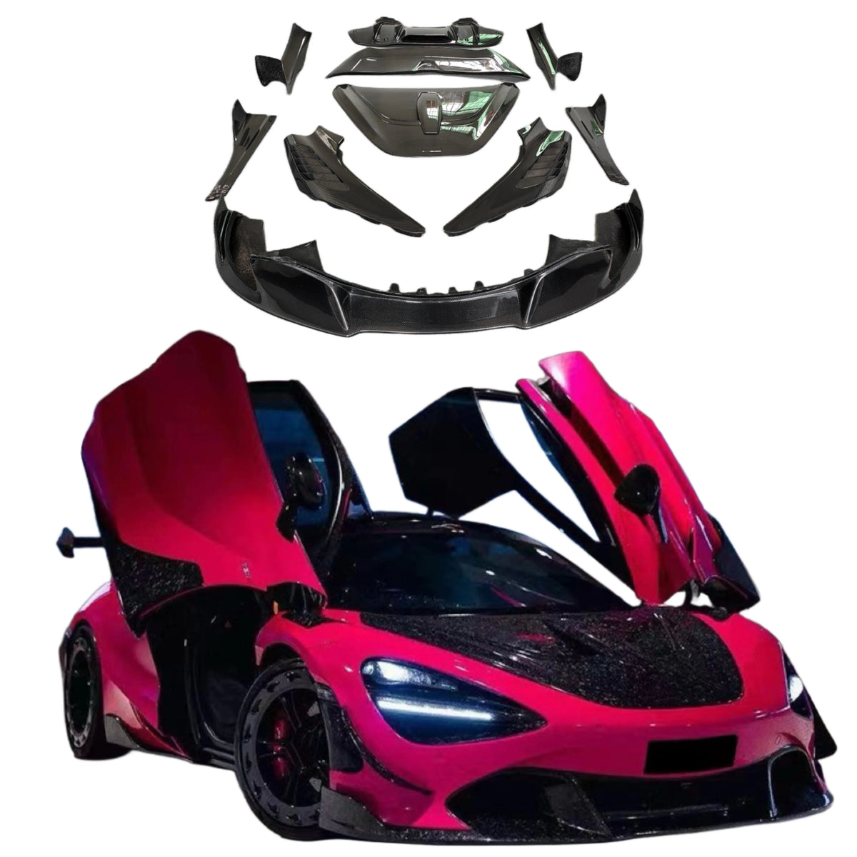 For Mclaren 720S Upgrade V-Style Carbon Fiber Front Lip Rear Diffuser Side Skirt Rear Spoiler Mudguard Hood Body Kit