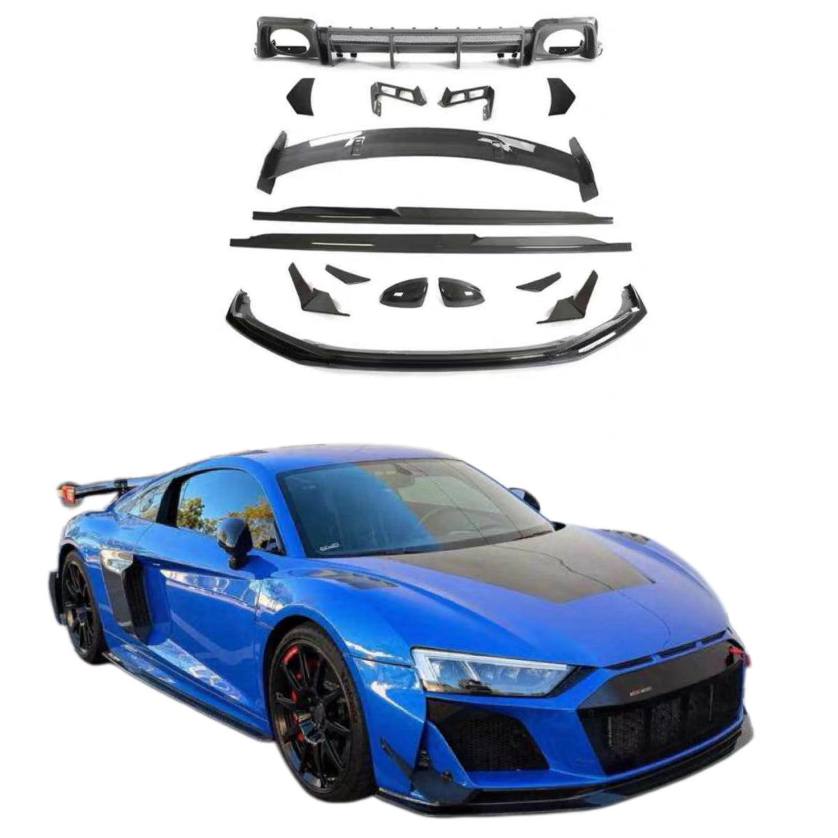 For Audi R8 P-Style Carbon Fiber Front Lip Side Skirts Rear Lip Spoiler Wind Knife Exterior Body Kit