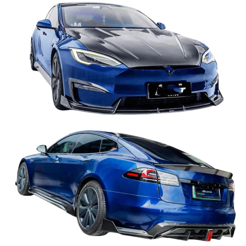 Premium Dry Carbon Fiber Body Kit for Tesla Model S - CT Style Front and Rear Bumper, Rear Diffuser, Spoiler, and Hood Upgrade