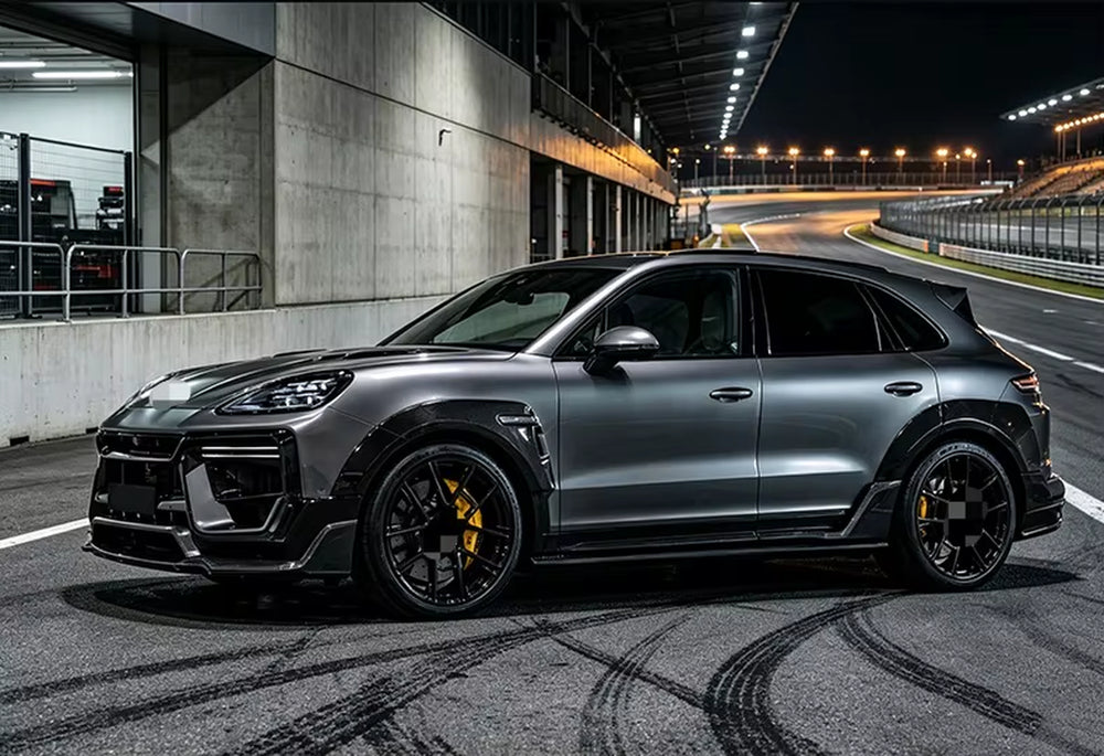 Porsche Cayenne 9Y0 TH Style Dry Carbon Fiber Body Kit: Front Lip, Hood Diffuser, Spoiler, and Widebody Wheel Arch Upgrades
