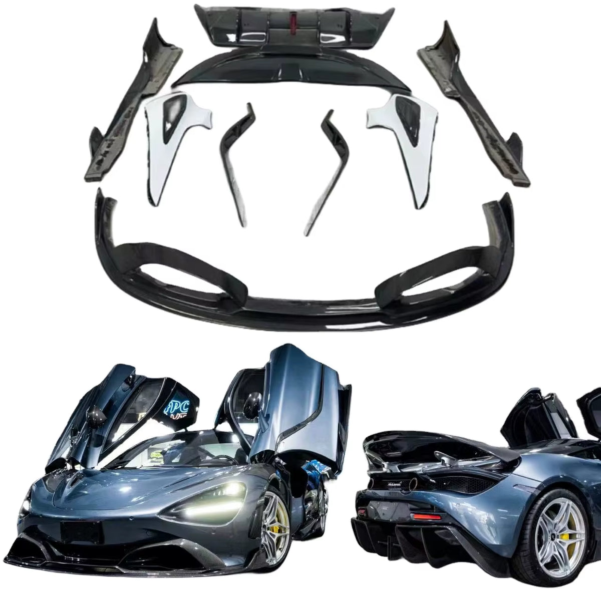 Carbon Fiber Black Sails Body Kit Is Suitable for Mclaren 720S Front Lip Skirt Spoiler Diffuser Fender.